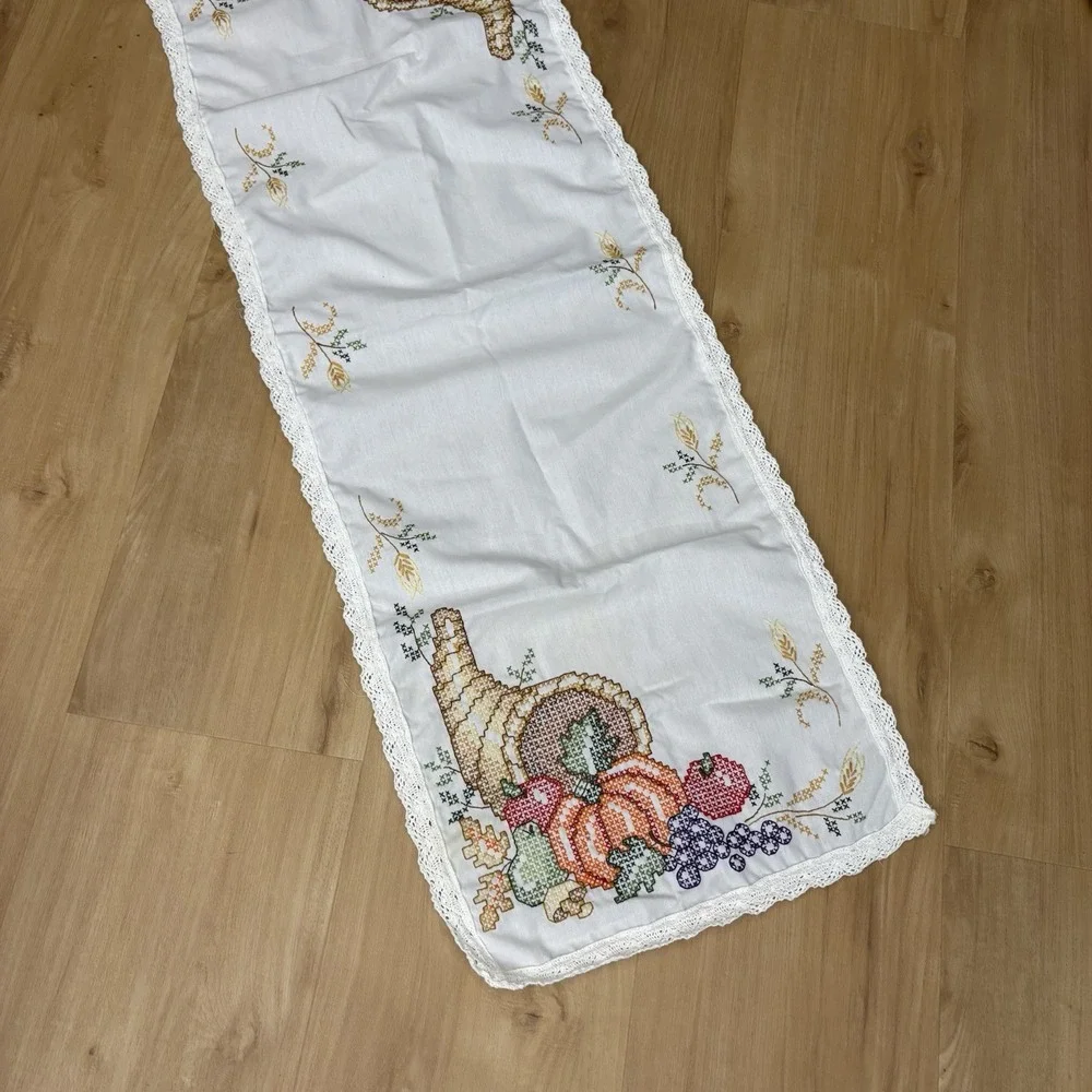 Cross Stitch Thanksgiving Table Runner Dresser Scarf Fall Autumn Cornucopia 42